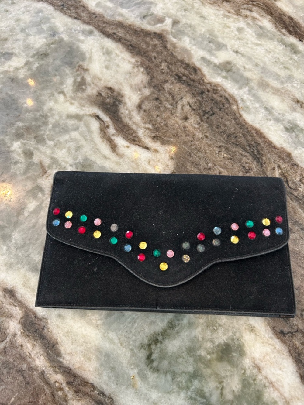 Vintage Lady Rustan Black Suede Envelope Clutch with Multicolor Stud Accents